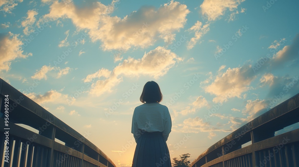 Fototapeta premium A Japanese woman standing on a bridge, the sky above filled with a gentle, diffused light