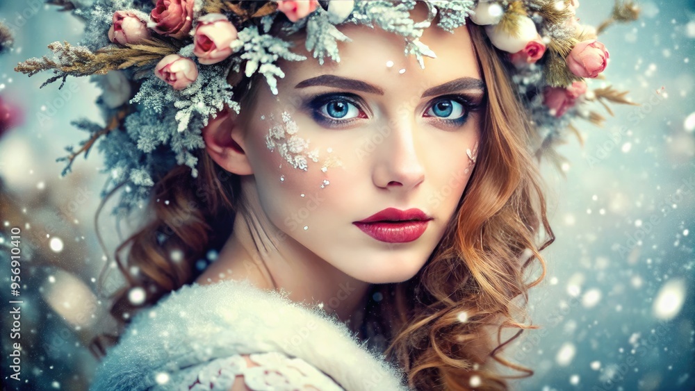 Delicate, freckled complexion and rosy lips radiate warmth against a backdrop of snowflakes gently falling on a frosty winter morning, capturing the essence of innocence and serenity. Delicate, freckled complexion and rosy lips radiate warmth against a backdrop of snowflakes gently falling on a frosty winter morning, capturing the essence of innocence and serenity.