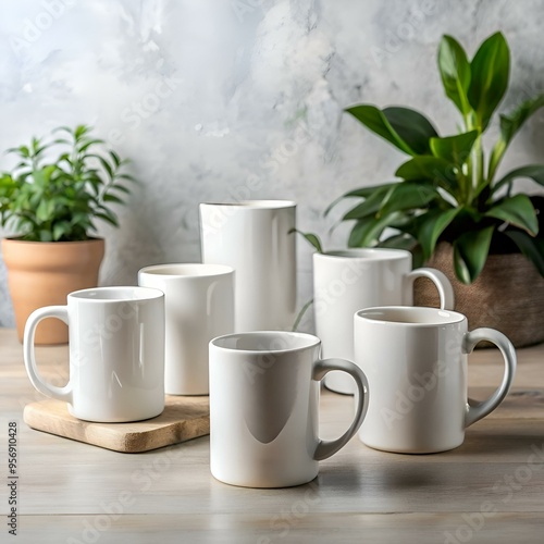 A clean and minimalist arrangement of five blank white mugs on a wooden table. perfect for showcasing your brand. logo. or design. photo