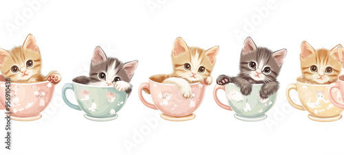 Seamless Horizontal cartoon cute cats isolated on white background, Cat day
