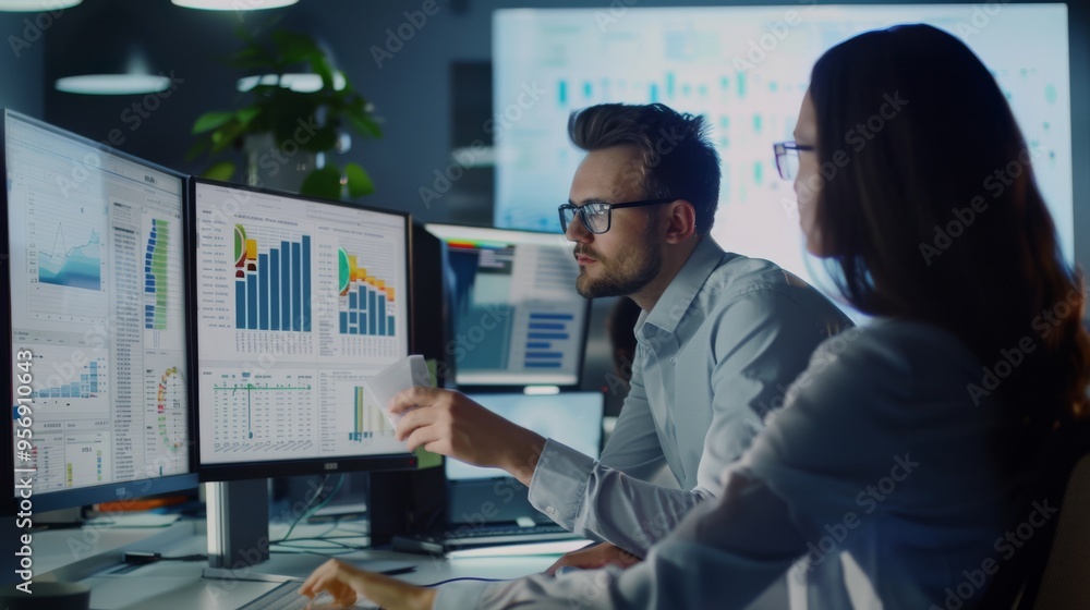 Focused professionals analyze complex data on multiple screens in a modern office environment, highlighting teamwork and analytical insights. Focused professionals analyze complex data on multiple screens in a modern office environment, highlighting teamwork and analytical insights.