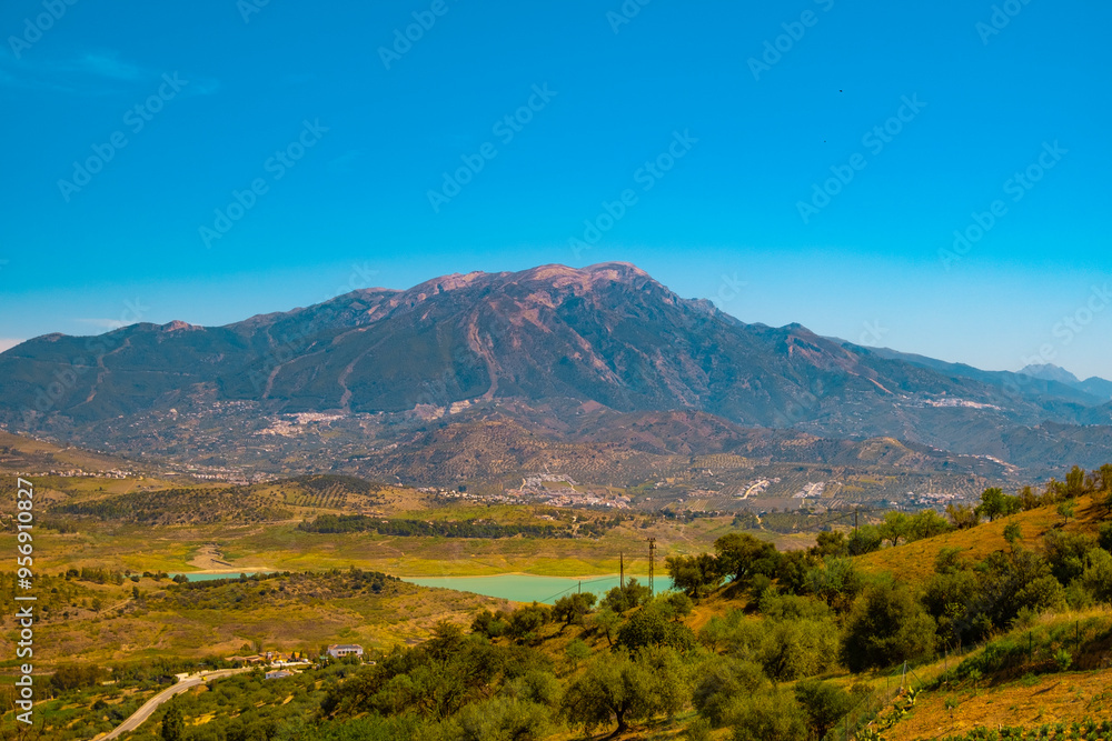 Beautiful view of the mountain and the Viñuela reservoir in Malaga Beautiful view of the mountain and the Viñuela reservoir in Malaga