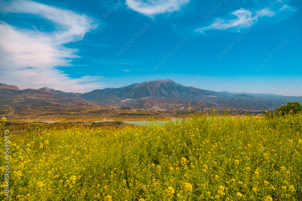 Beautiful view of the mountain and the Viñuela reservoir in Malaga Beautiful view of the mountain and the Viñuela reservoir in Malaga