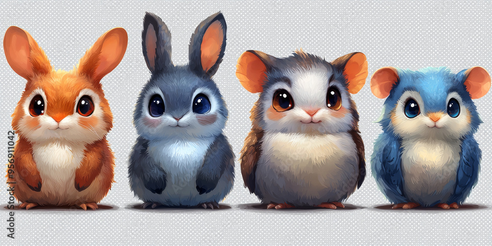 Four adorable cartoon animals, a rabbit, another rabbit, a hamster, and a mouse, are lined up in a row looking cute. Four adorable cartoon animals, a rabbit, another rabbit, a hamster, and a mouse, are lined up in a row looking cute.