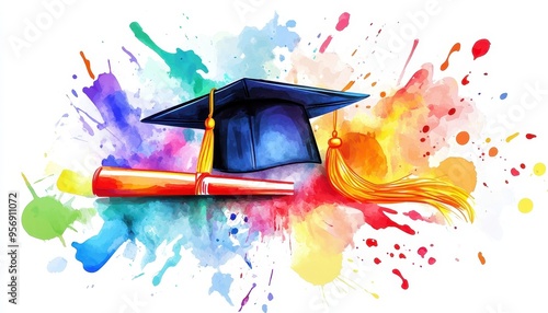 Bright Back-to-School Watercolor Illustration with Graduation Cap, Diploma, and Colorful Paint Splashes