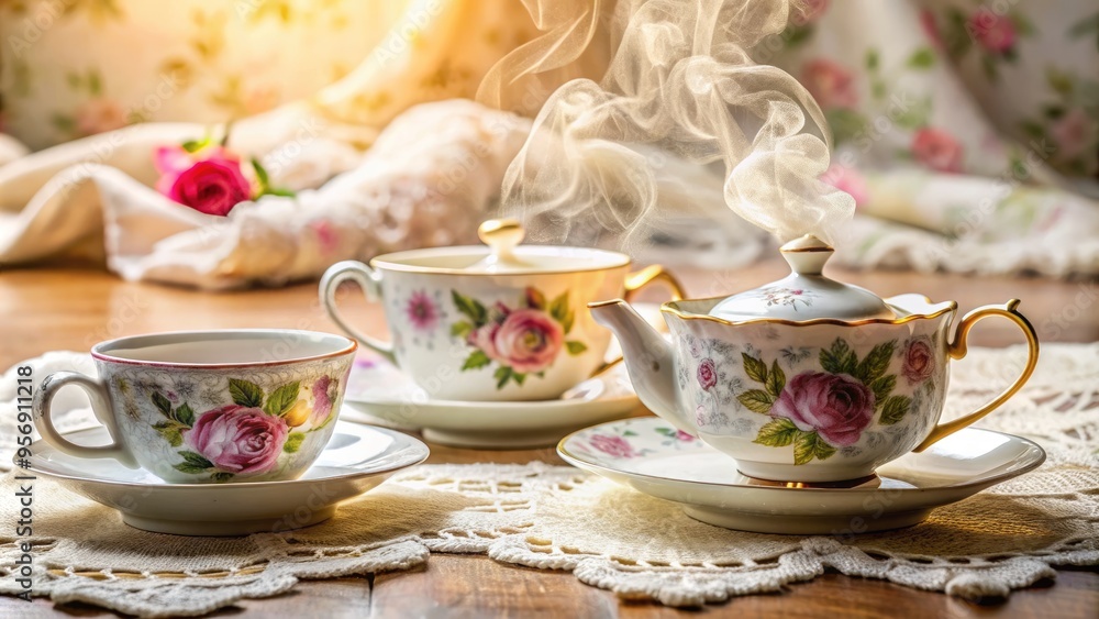 Fototapeta premium Delicate ceramic teacups and saucers, adorned with floral patterns, sit beside a steaming teapot on a lace-covered tablecloth, evoking warmth and intimate conversation.