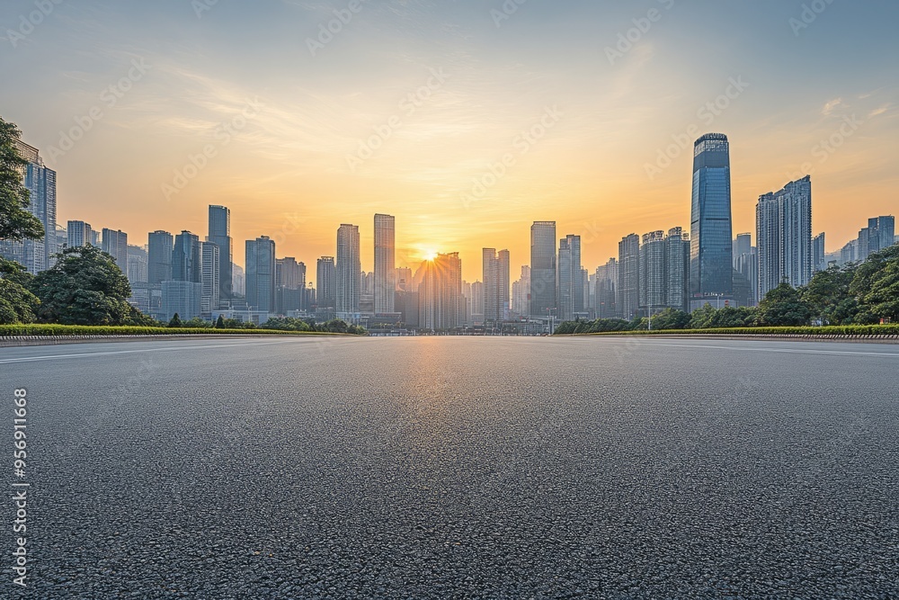 Obraz premium At sunset, a green mountain and an asphalt roadway with clouds in the sky