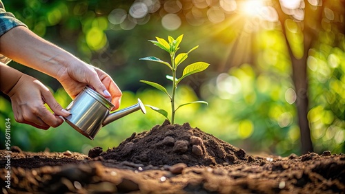 Delicate hands gently place a young sapling into a hole in the garden, surrounded by soft focus foliage, with a watering can nearby. photo