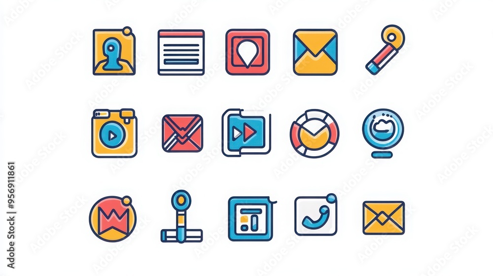 Social Media Ads thin line icon set. Containing ad, boosted post, target audience, ad spend, conversion, click-through rate, impressions, reach, ad placement, sponsored content, carousel ad, video ad. Social Media Ads thin line icon set. Containing ad, boosted post, target audience, ad spend, conversion, click-through rate, impressions, reach, ad placement, sponsored content, carousel ad, video ad.