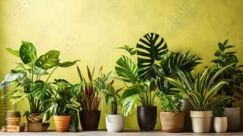 Green houseplants in pots on floor near wall. Neural network ai generated art