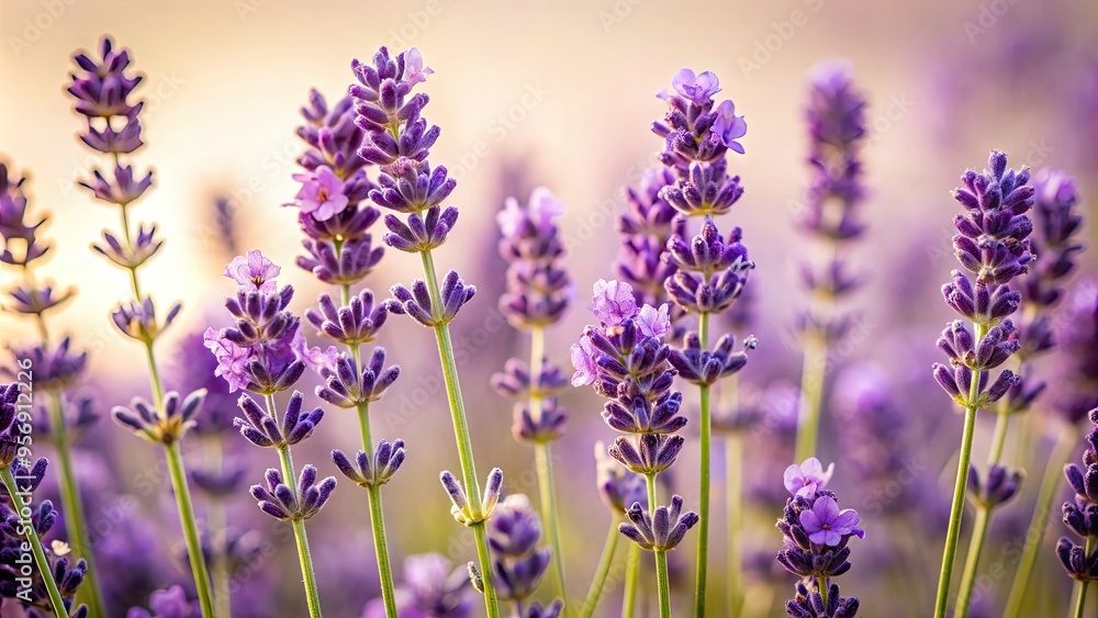 Naklejka premium Delicate purple flowers of Lavandula angustifolia, also known as English lavender, fill the frame in a soft focus close-up against a creamy white background.