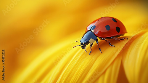 3D Realistic Ladybug on a Yellow Petal Illustration