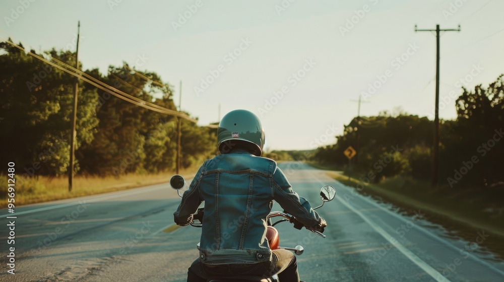 A motorcyclist rides on a country road surrounded by lush greenery, embodying adventure and freedom beneath the soft, evening light. A motorcyclist rides on a country road surrounded by lush greenery, embodying adventure and freedom beneath the soft, evening light.