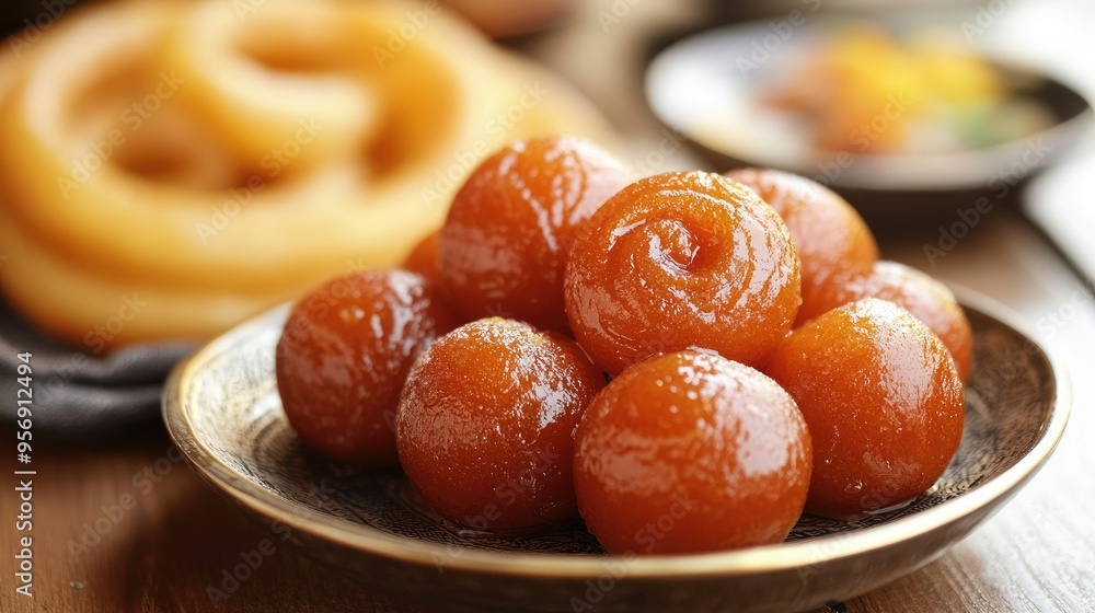 High-resolution image of traditional Indian sweets, such as gulab jamun and jalebi, arranged on a plate with detailed focus on their textures and colors. High-resolution image of traditional Indian sweets, such as gulab jamun and jalebi, arranged on a plate with detailed focus on their textures and colors.