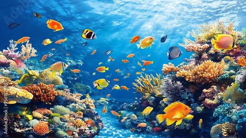 A vibrant underwater scene with colorful coral reefs and fish swimming in a clear blue ocean.