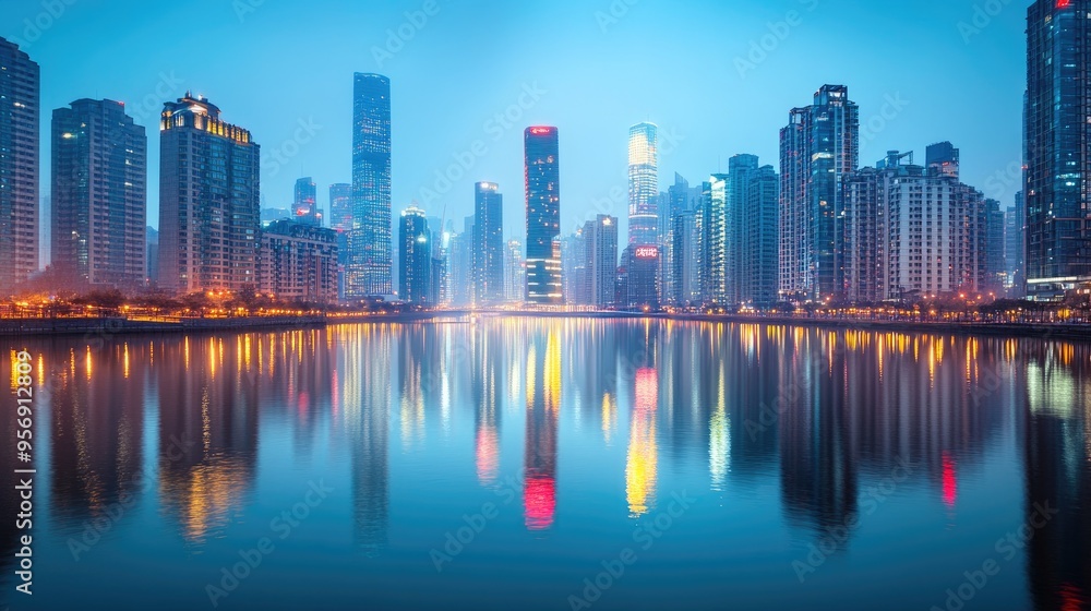 City Skyline Reflected in Still Water at Dusk City Skyline Reflected in Still Water at Dusk