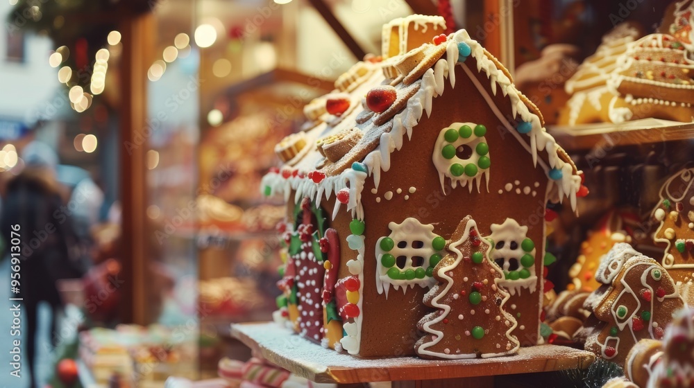 A gingerbread house with colorful candies and intricate icing detail, set in a festive market stall filled with holiday decorations that capture the magic of Christmas. A gingerbread house with colorful candies and intricate icing detail, set in a festive market stall filled with holiday decorations that capture the magic of Christmas.