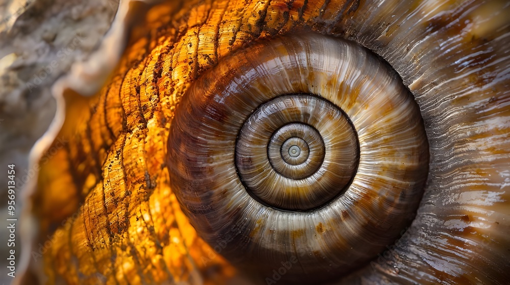 A mesmerizing macro photograph of a snail shell, revealing its spiral pattern and surface texture. A mesmerizing macro photograph of a snail shell, revealing its spiral pattern and surface texture.
