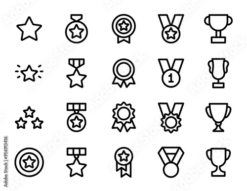 Awards line icons set. Reward, benefit, bonus, star, winner, medal, champion, trophy cup, awards and bonuses outline icon collection. Thin outline icons pack. Reward symbol sign for web and mobile