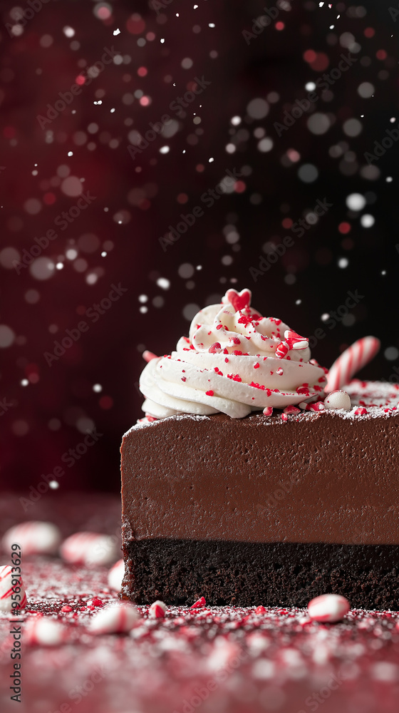 Slice of chocolate cheesecake with peppermint bits