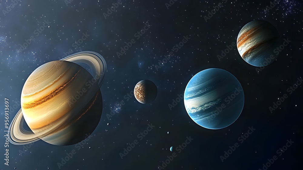 Close-Up of Gas Giants: A close-up view of the solar system’s gas giants—Jupiter, Saturn, Uranus, and Neptune—floating majestically in space.
Close-Up of Gas Giants: A close-up view of the solar system’s gas giants—Jupiter, Saturn, Uranus, and Neptune—floating majestically in space.