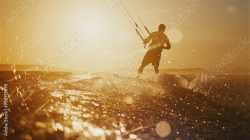 A silhouette of a kitesurfer riding the waves under a dramatic, golden sunset, capturing the essence of adventure and freedom on the water.