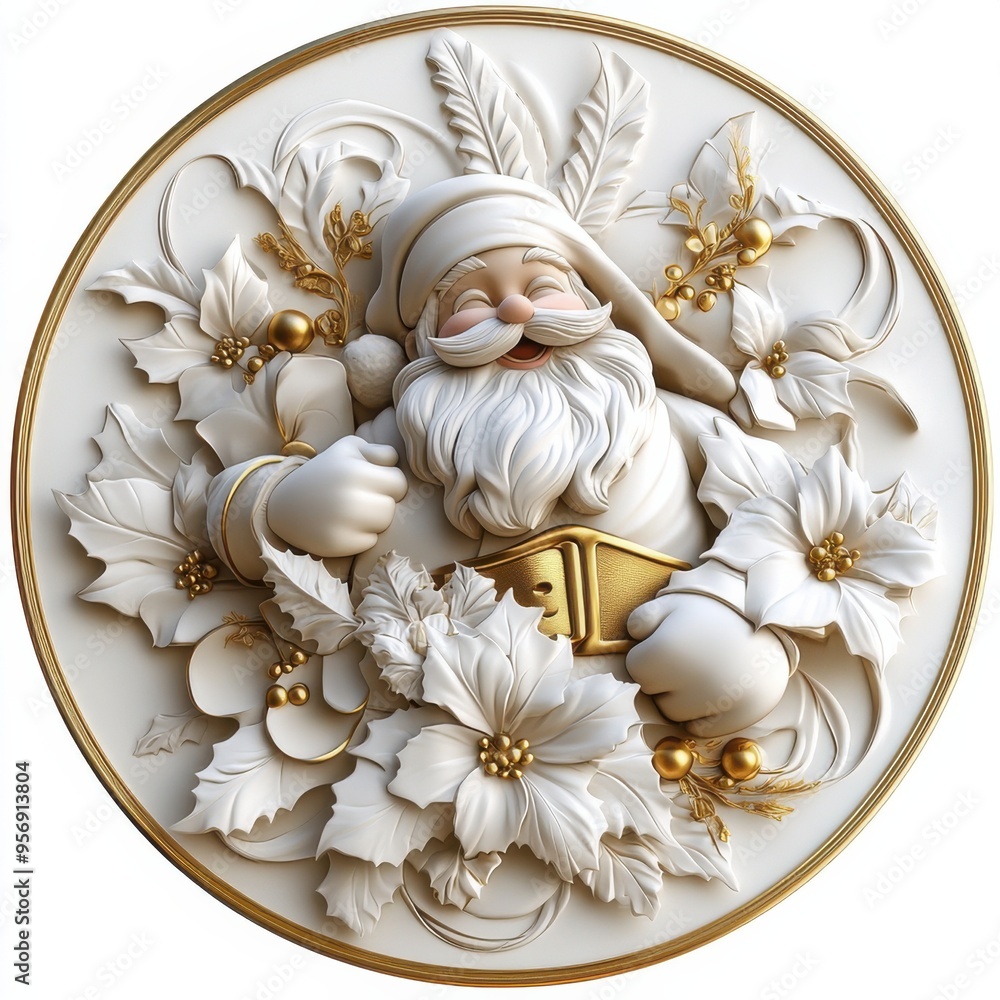 A detailed, ornate Christmas wreath featuring a relief of Santa Claus surrounded by poinsettias and golden decorative elements. A detailed, ornate Christmas wreath featuring a relief of Santa Claus surrounded by poinsettias and golden decorative elements.