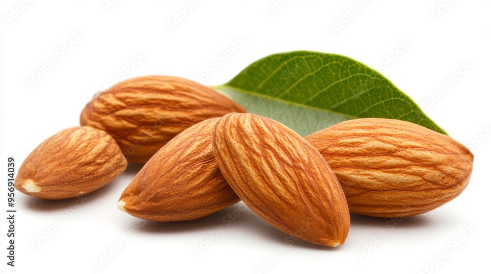 Detailed view of almonds with leaves, isolated on a white background. Detailed view of almonds with leaves, isolated on a white background.
