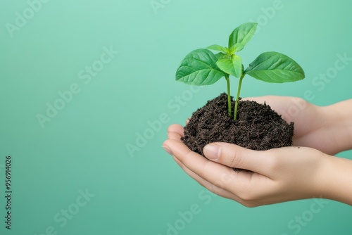 Hands gently holding a small seedling with soil on green background with copy space.