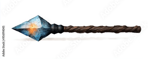 A beautifully crafted spear with a unique blue and orange tip, perfect for fantasy-themed art and designs. photo