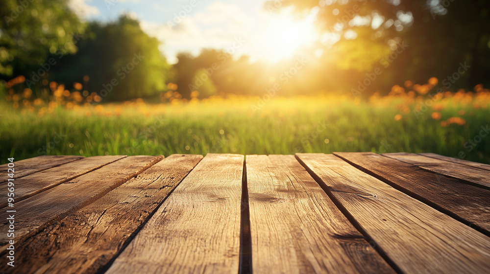 A weathered wooden table rests in the foreground, catching the warm glow of the setting sun A weathered wooden table rests in the foreground, catching the warm glow of the setting sun