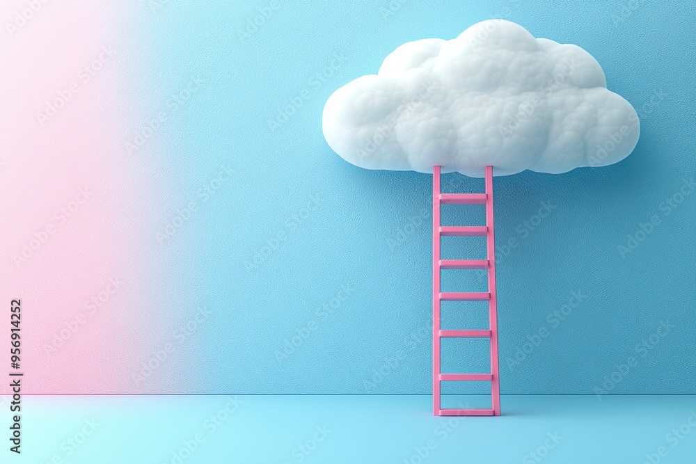Ladders leading to a cloud. White clouds with a ladder on a pastel-colored wall background, a concept of success and change in business or life. Ladders leading to a cloud. White clouds with a ladder on a pastel-colored wall background, a concept of success and change in business or life.