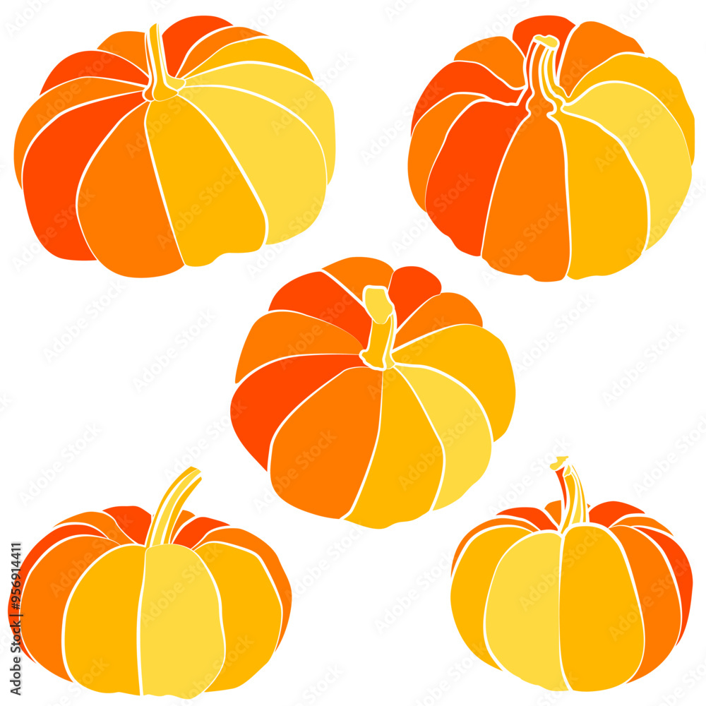 Pumpkins with varying shades of orange and yellow vector illustration. The pumpkins in a stylized, flat design, arranged against white background. Halloween or thanksgiving symbols. Pumpkins with varying shades of orange and yellow vector illustration. The pumpkins in a stylized, flat design, arranged against white background. Halloween or thanksgiving symbols.