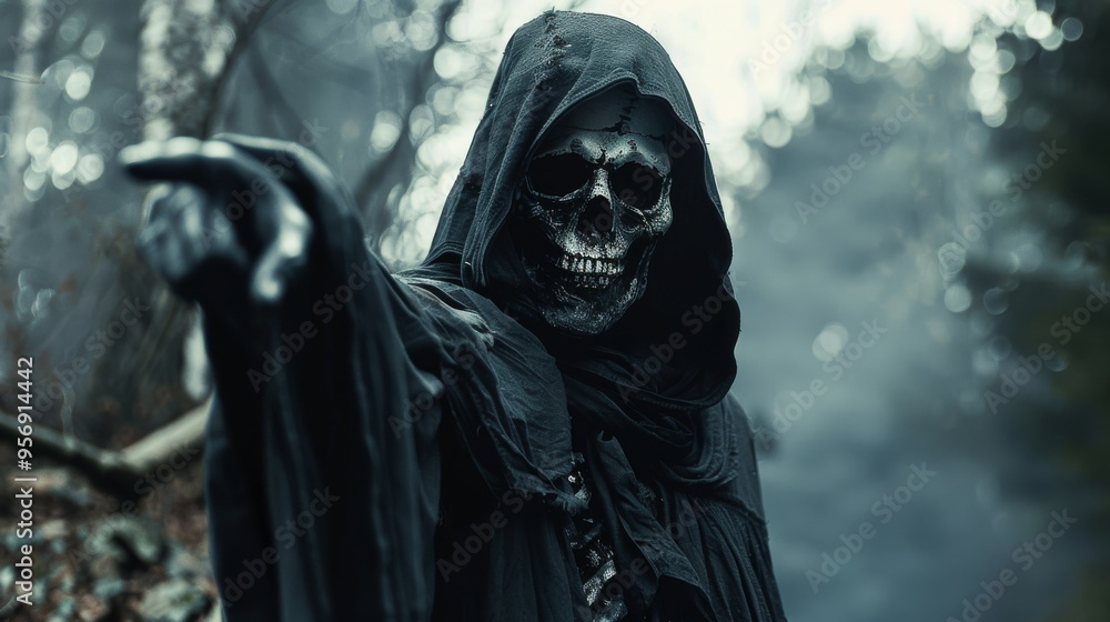 A skeletal figure in a hooded cloak, pointing an ominous finger, surrounded by an ethereal, misty forest backdrop. A skeletal figure in a hooded cloak, pointing an ominous finger, surrounded by an ethereal, misty forest backdrop.