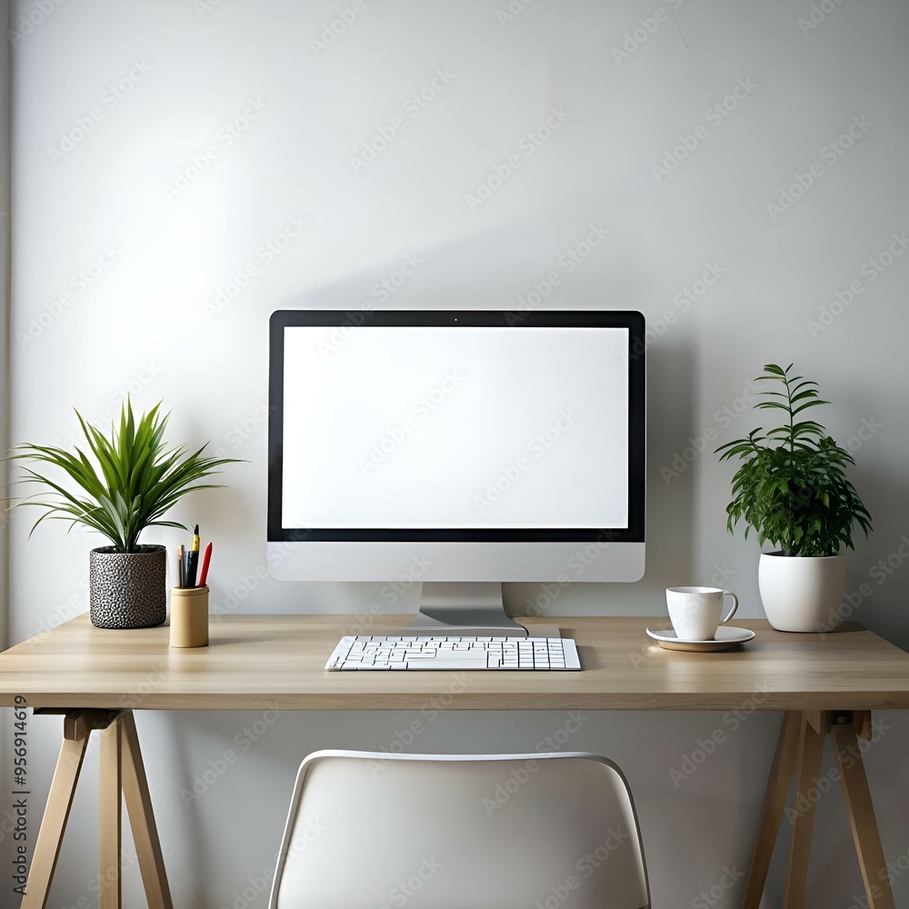 Minimalist home office setup with a blank desktop computer screen. keyboard. and a white chair. Minimalist home office setup with a blank desktop computer screen. keyboard. and a white chair.