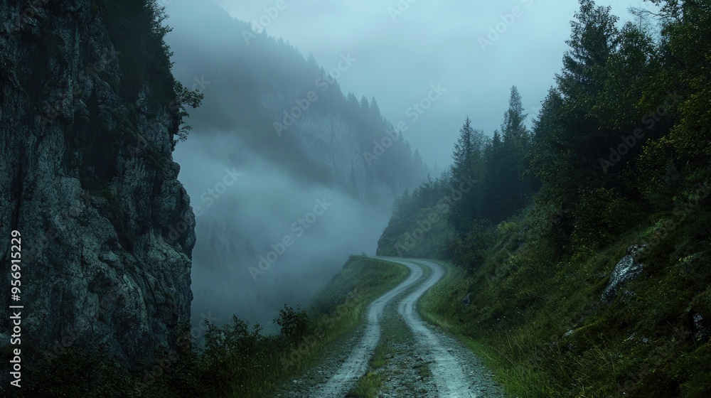 High-resolution view of a mountain road with a serene, winding path through foggy, mountainous terrain, creating a mysterious and enchanting scene. High-resolution view of a mountain road with a serene, winding path through foggy, mountainous terrain, creating a mysterious and enchanting scene.