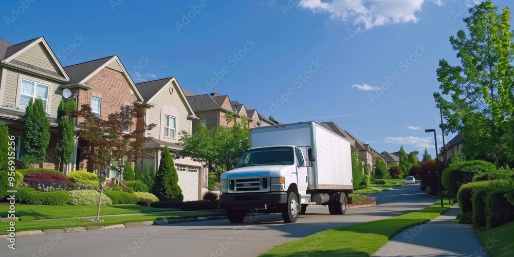 Moving truck driving through a suburban neighborhood, delivering belongings to a new home