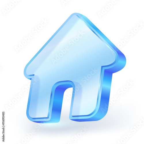 Home icon crystal glass. Blank application icon glass panel or acrylic with reflection isolated on white background. 3D vector illustration.
