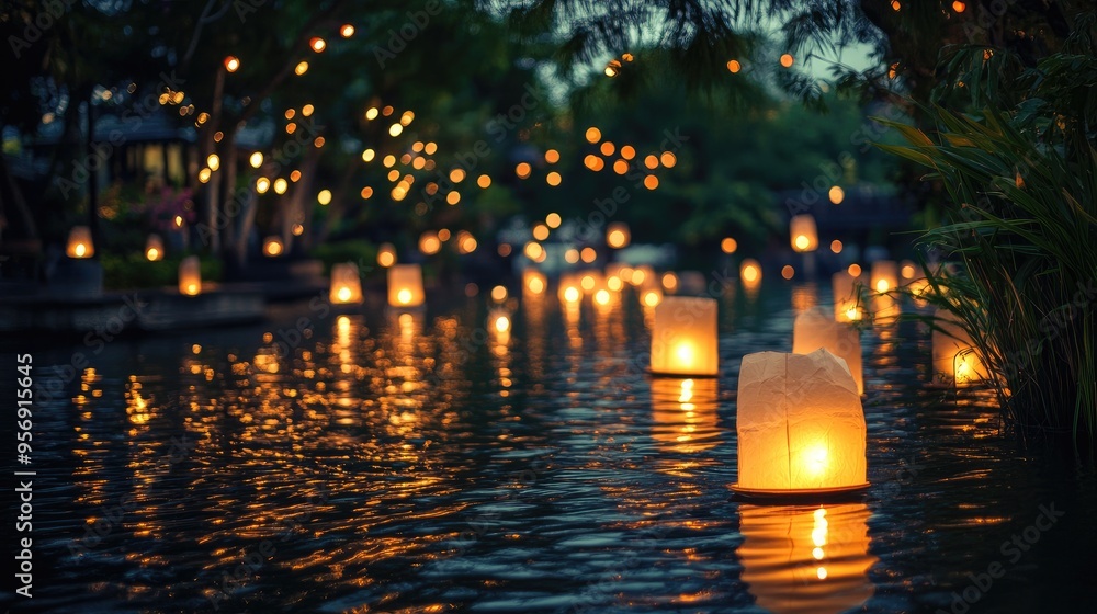 Glowing Lanterns Floating on Rippling Water at Night Glowing Lanterns Floating on Rippling Water at Night