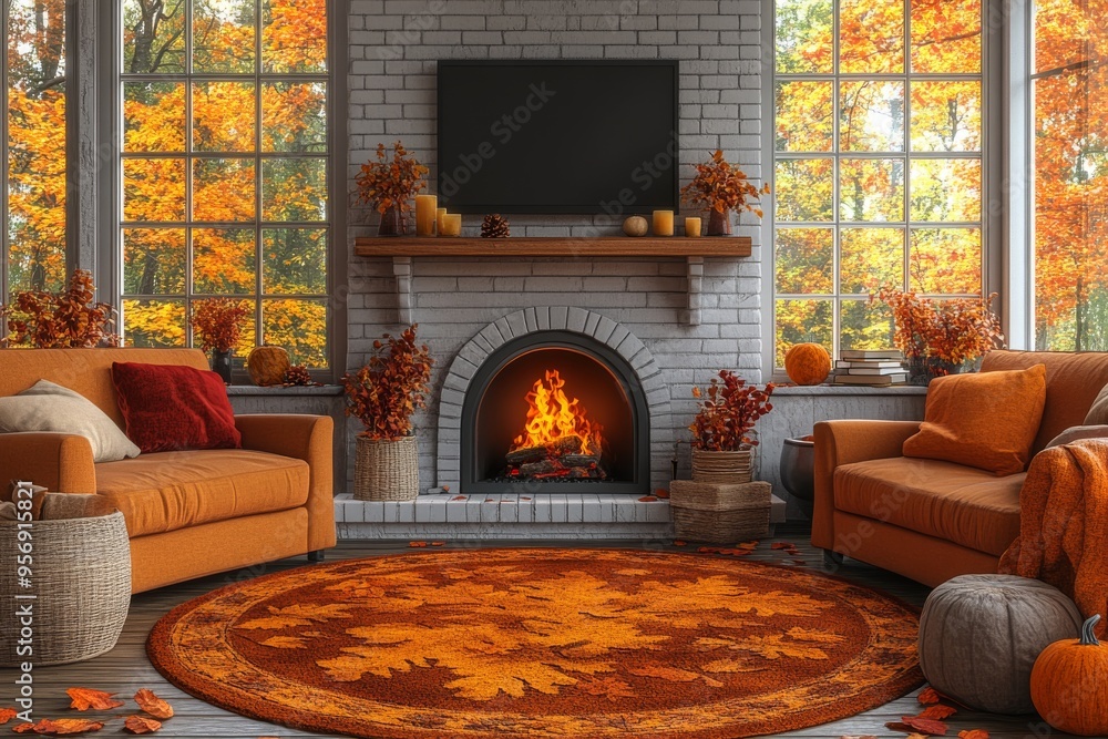 A cozy Thanksgiving living room, with a fireplace, soft lighting, and a table set with autumn-themed snacks and decorations. Generative AI A cozy Thanksgiving living room, with a fireplace, soft lighting, and a table set with autumn-themed snacks and decorations. Generative AI