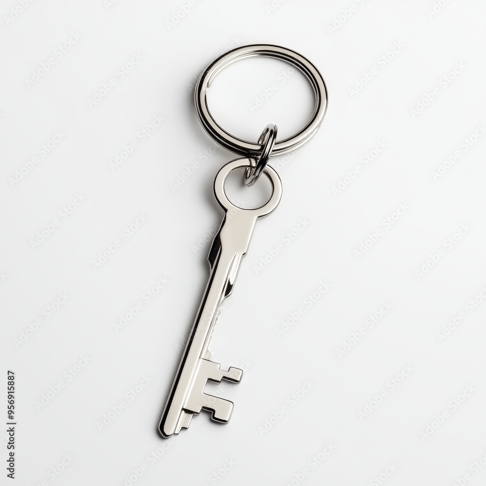 A close-up of a single metal key attached to a keyring, symbolizing security and access. Ideal for real estate and safety themes. A close-up of a single metal key attached to a keyring, symbolizing security and access. Ideal for real estate and safety themes.