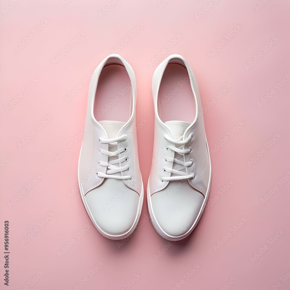 A pair of crisp white sneakers. laces tied. sitting on a soft pink background. A pair of crisp white sneakers. laces tied. sitting on a soft pink background.