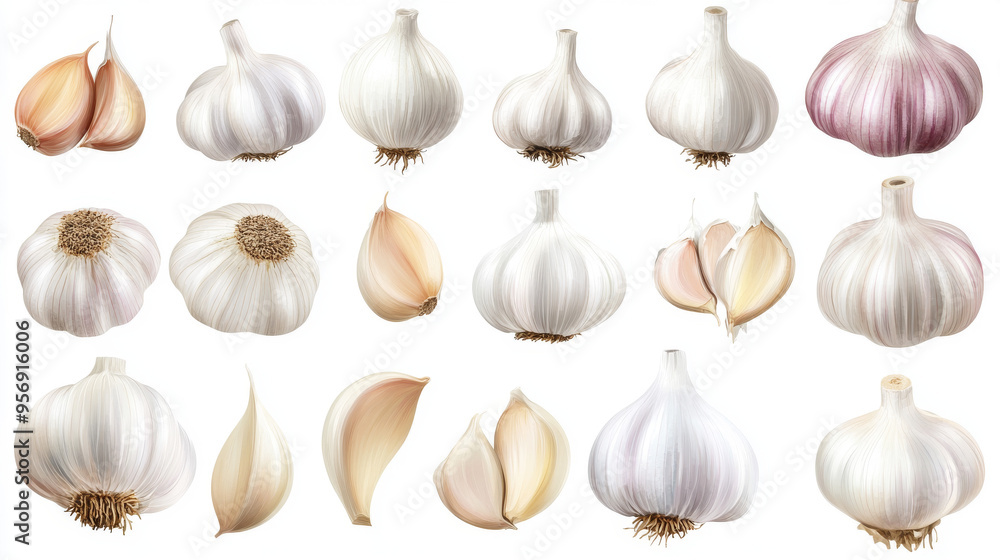 Assortment of garlic bulbs and cloves, isolated against a white background. Assortment of garlic bulbs and cloves, isolated against a white background.