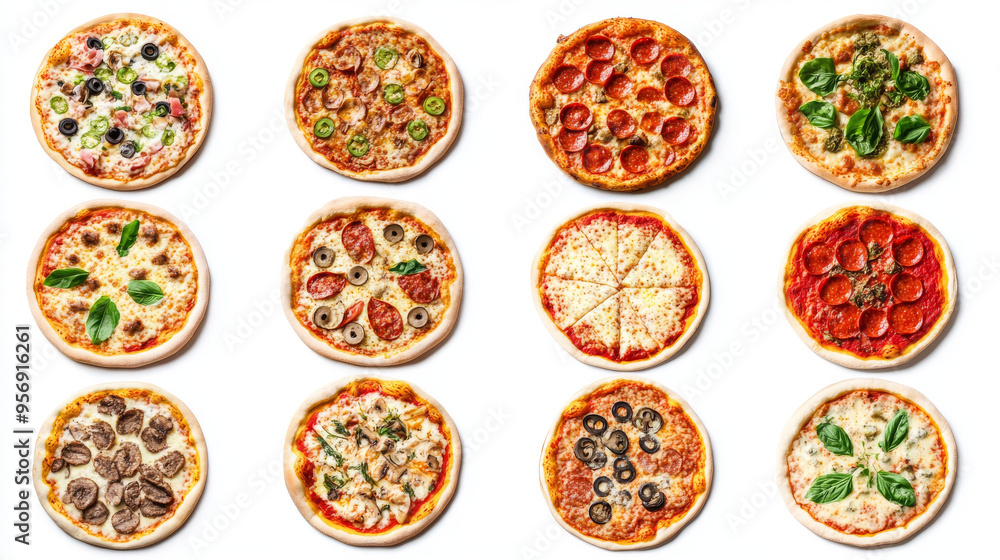 Variety of pizzas, each isolated on a white background. Variety of pizzas, each isolated on a white background.