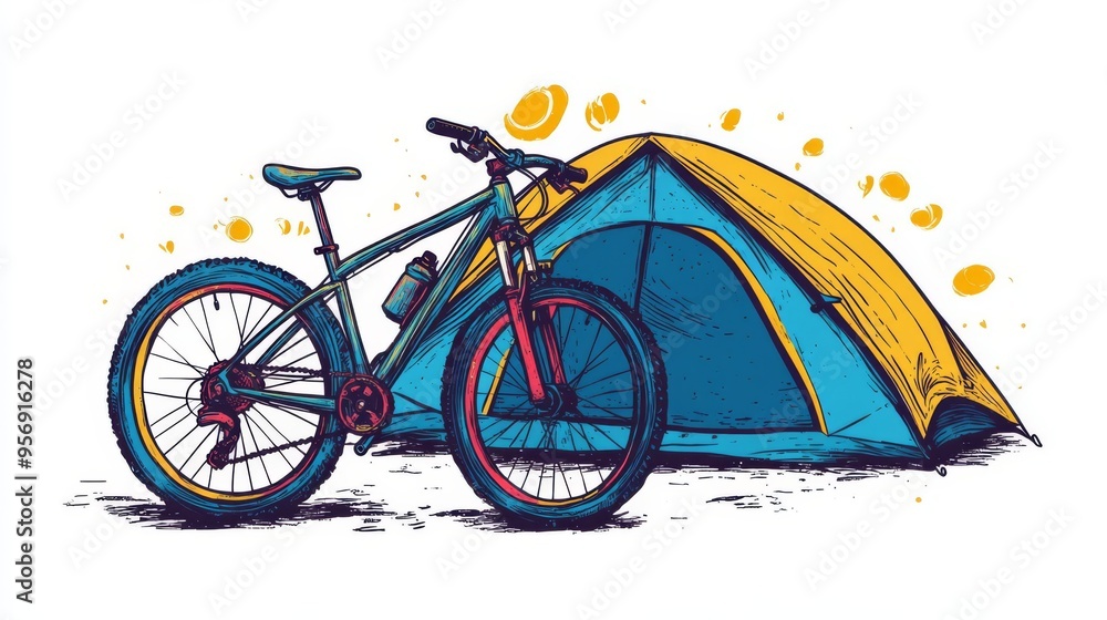 Fototapeta premium Illustration of a camping setup with a bicycle and tent, perfect for outdoor adventure graphics and travel themes.