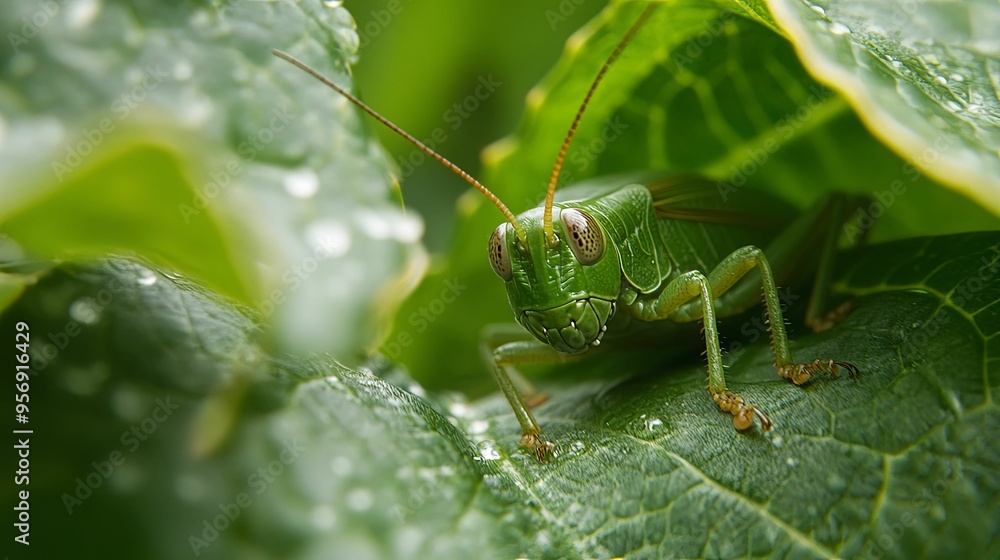 Green Grasshopper on a Leaf with Dewdrops Green Grasshopper on a Leaf with Dewdrops