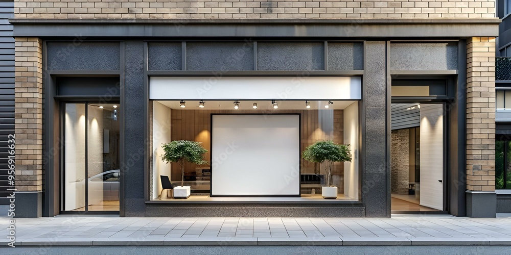 Modern storefront mockup with blank signage and large windows. ideal for showcasing your brand or product.