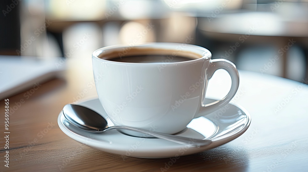 A Cup of Coffee on a Wooden Table with a Spoon A Cup of Coffee on a Wooden Table with a Spoon
