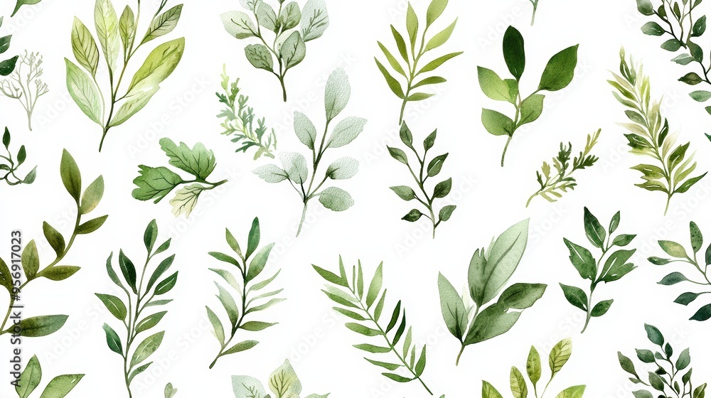 A collection of various green leaves, showcasing intricate details and natural textures on a white background for a fresh aesthetic. A collection of various green leaves, showcasing intricate details and natural textures on a white background for a fresh aesthetic.