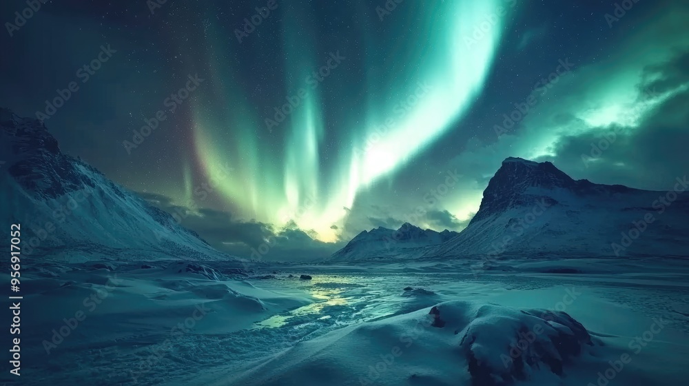 Naklejka premium Northern Lights Dancing Over a Snowy Mountain Landscape